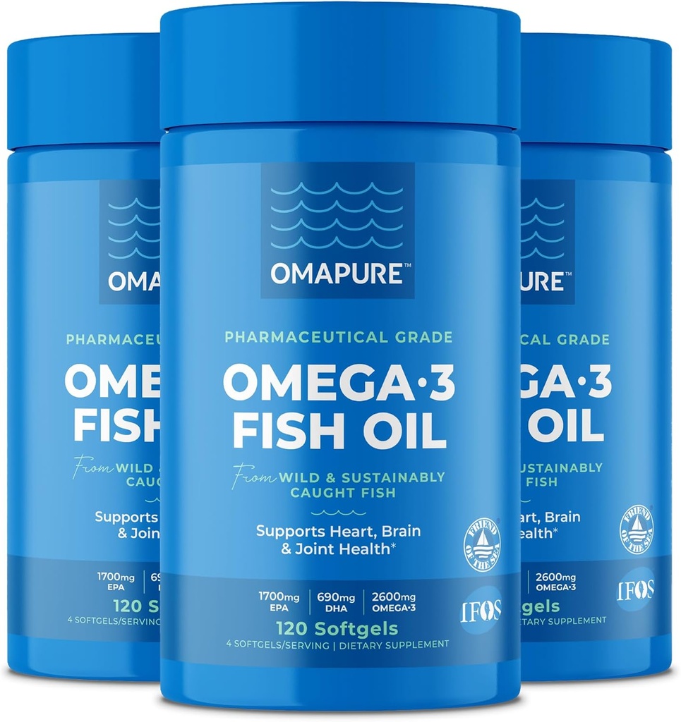 OMAPURE ribje olje dopolnila z Omega 3 Maščobne kisline (3 steklenice, 120 softgels) - Visoko EPA, DHA, & IFOS Ribje olje tablete Podpora srce in skupno zdravje - Burpless ribje olje spodbuja delovanje možganov
