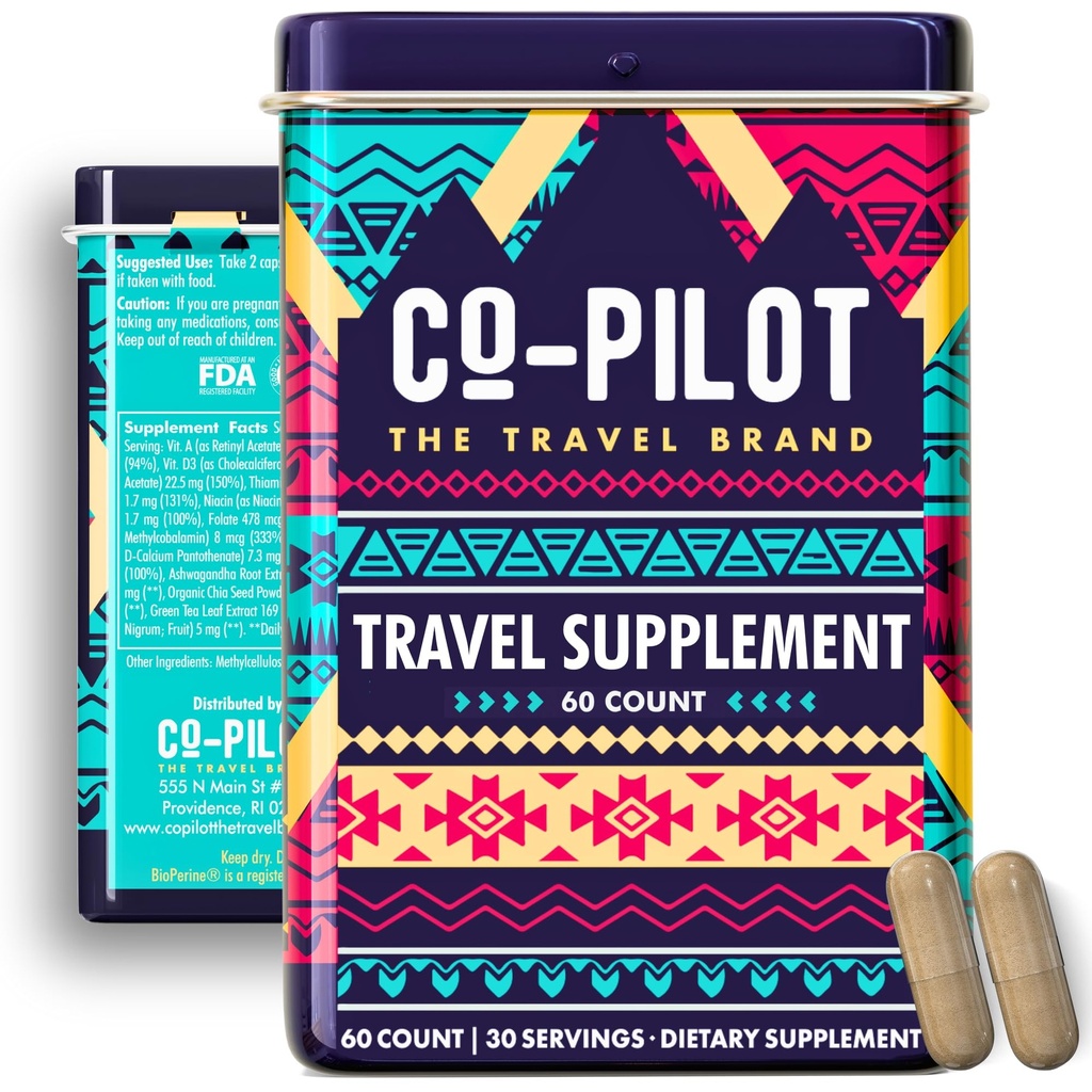 Travel Vitamin dodatek za letenje in dnevno, Jet Lag, Energy, Imune, Digestion Podpora, Spodbujanje umirjenost z Ashwagandha, Rhodiola, Chia & D3 za boljše spanje in razpoloženja 