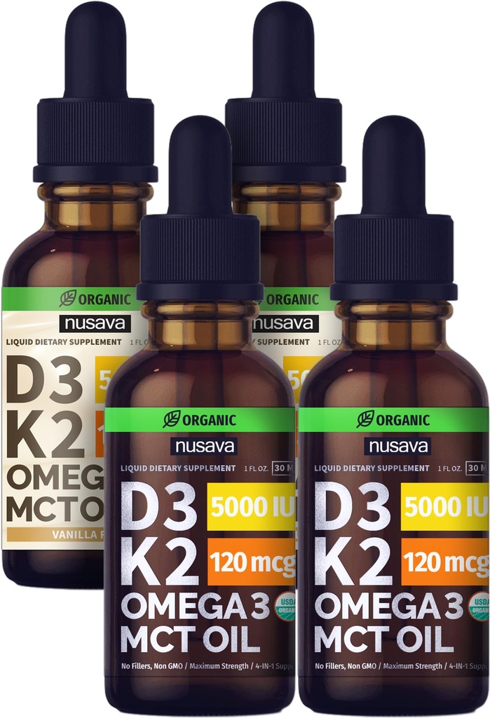 NUSAVA brez arome D3 K2 Tekoče kapljice in vaniljske arome D3 K2 Tekoče kapljice Sklop - Močni tekoči vitamini za srce, sklep, kosti, mišice, & Imunska podpora - Non-GMO, Gluten-free, 2pk vsak