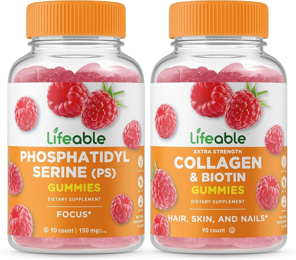 Življenjski fosfatidilserin (PS) + Collagen & Biotin, Gummies Bundle - odlično degustacijo, Vitamin dopolnilo, Gluten brezplačno, GSO brezplačno, žvečljivi gumi