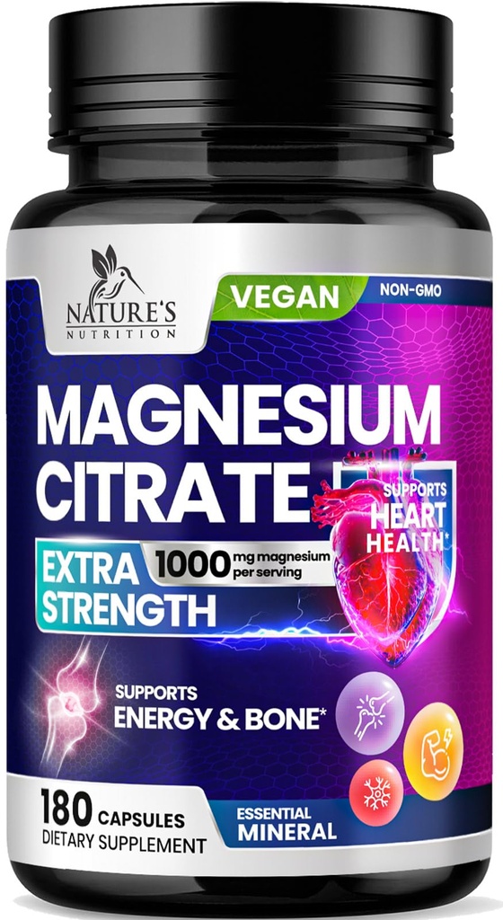 Magnezijev citrat dodatek tablete 1000mg - 3X Jakost Magnezij dodatki za kosti, mišice, srce, podpora za spanje narave za moške in ženske, Vegan Mag mineral, ne-GMO, ustekleničen v ZDA, 180 kapsul