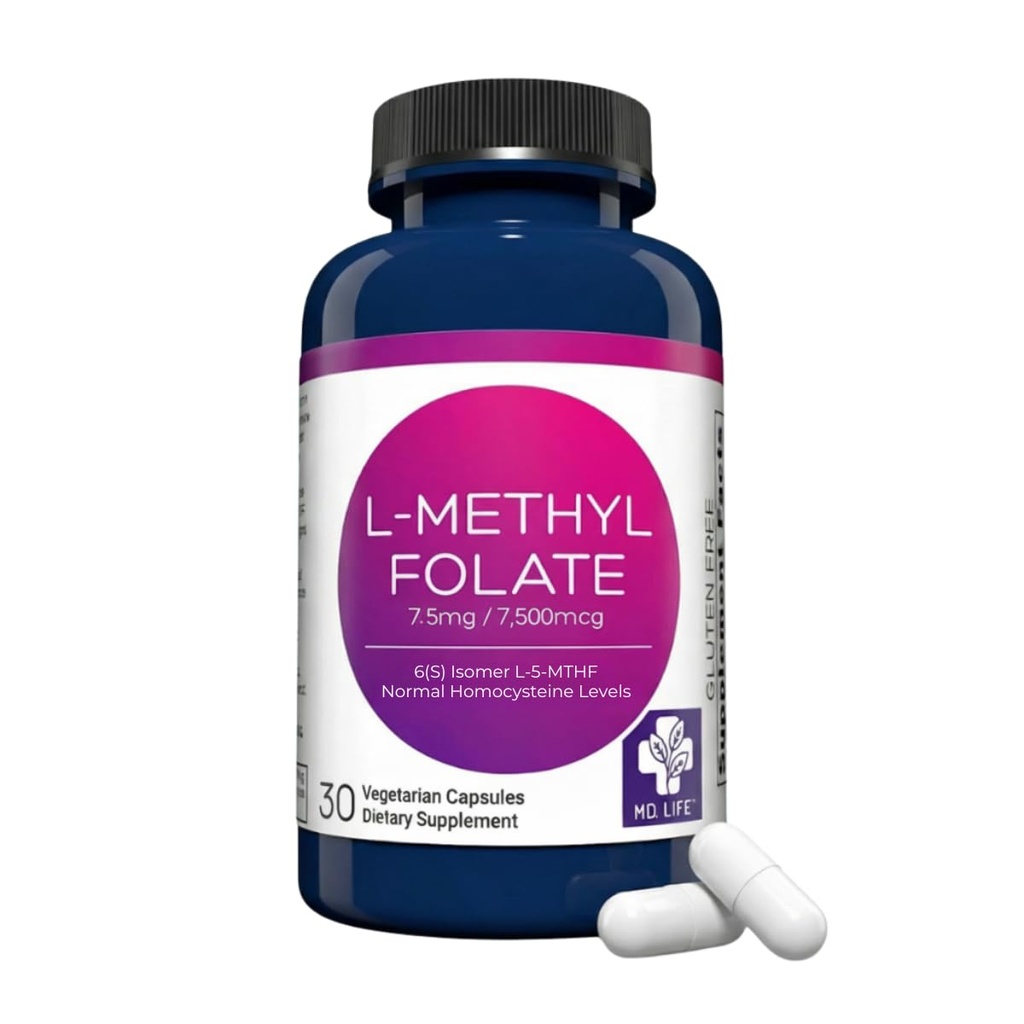 MD Life L-metilfolat 7,5 mg dodatek - Profesionalno-stopnja Active L metilfolat dodatek - 30 kapsul - L-metilfolat 7,5 mg - Največja jakost MTHFR W/ Esencialne aminokisline