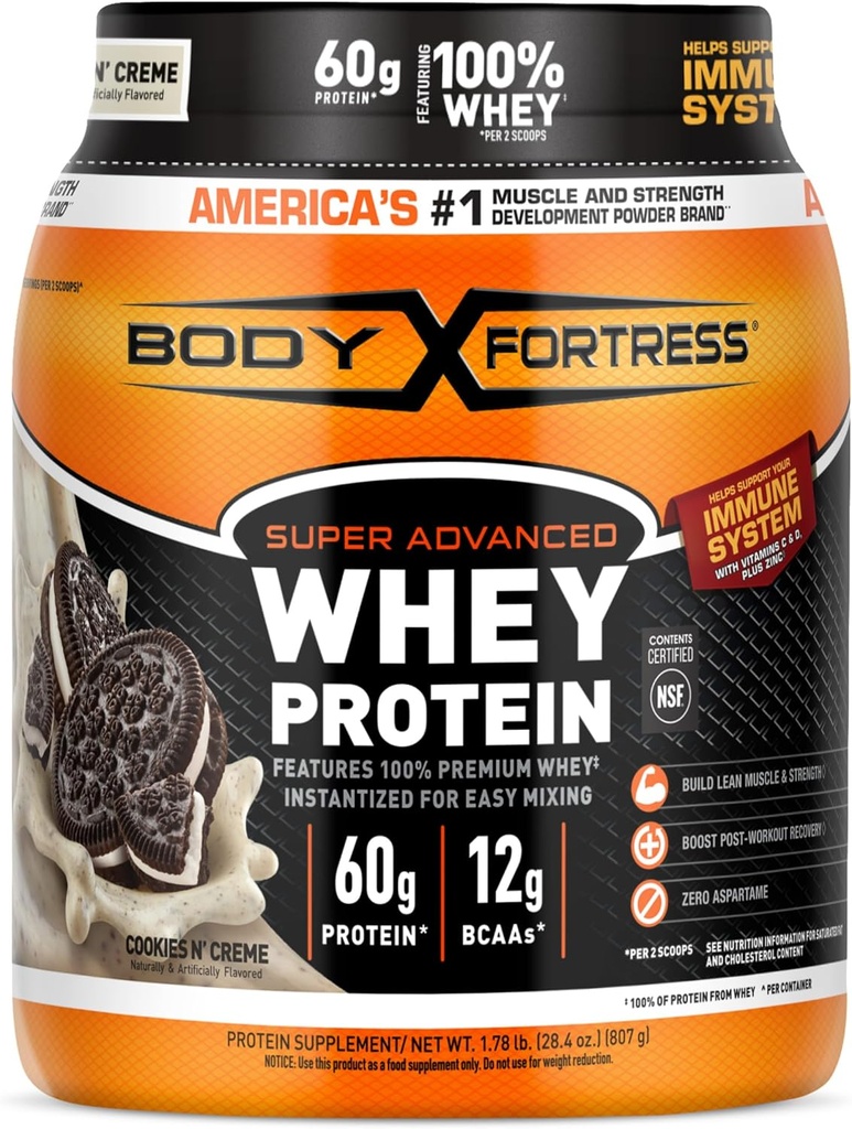 Body Fortress Super Advanced Whey Protein Powder, Piškotki N’ Creme, 60g Protein & 12g BCAA na 2 Scoops, Muscle Gain & Recovery, Imunska podpora z vitamini C & D, 1,78lbs (Packaging May Vary)
