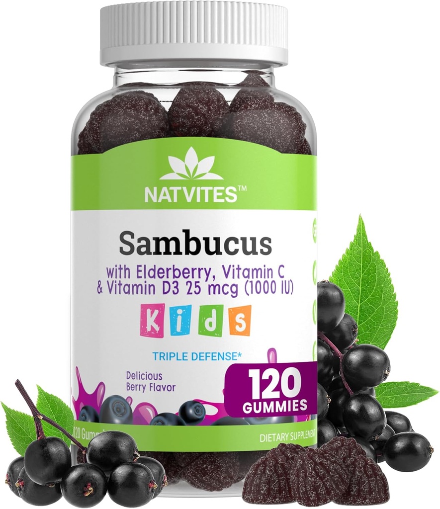 Črni Sambucus Elderberry Gumies za otroke – Imunska podpora dodatek z vitaminom C in vitaminom D3 za povečanje immunitete – vegetarijanski, ne-GMO, Gluten Free, Nut in Dairy Free – 120 Gummies (Pack po 1)