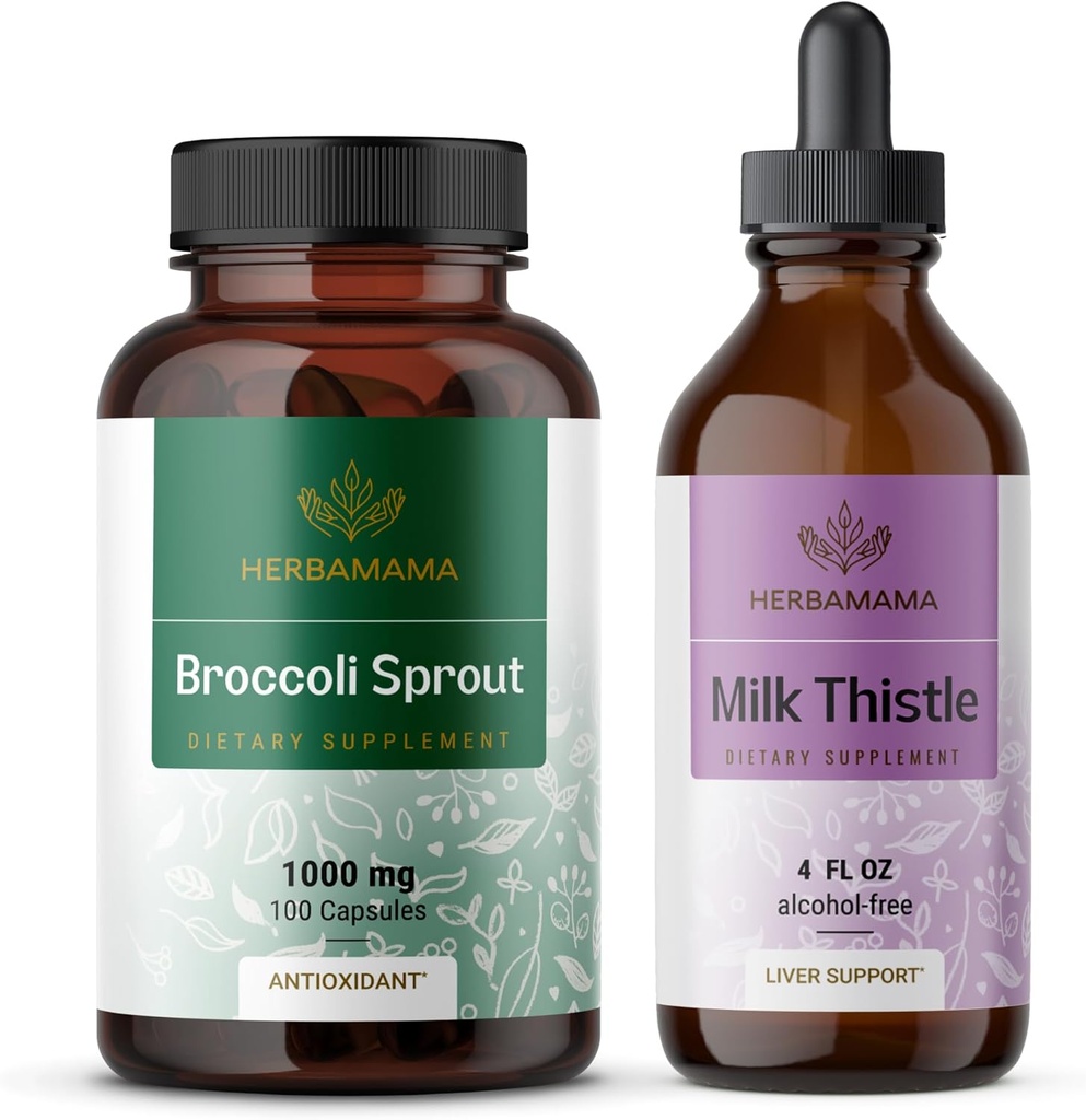 HERBAMA Broccoli Sprout in Mlečni komplet s 1000 mg Broccoli Sprout Kapsule in mleko Thistle Extract 4 fl - Vegan, ne-GMO, sladkor in alkohol brez - 2 pakiranji