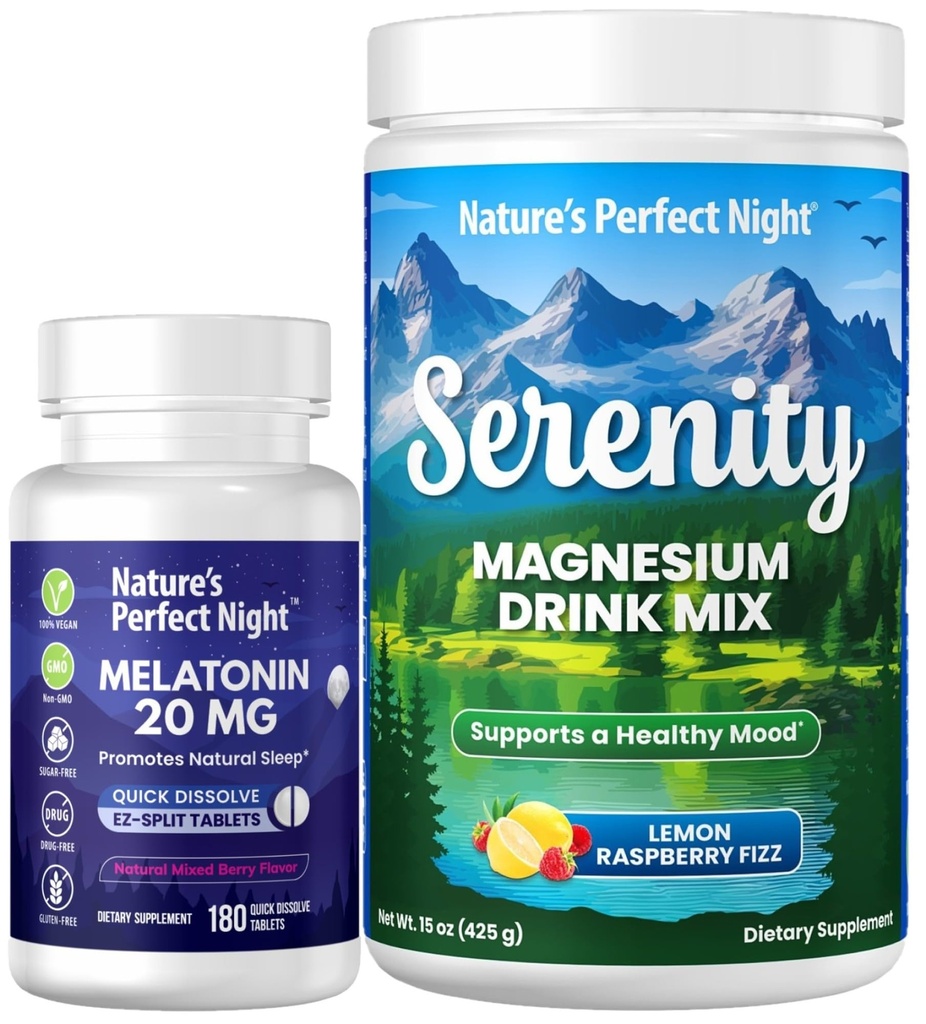 Narava je popolna noč Melatonin 20mg hitro raztapljanje mešane jagode 180 Število z serenost magnezija v prahu 15 oz Lemon malina