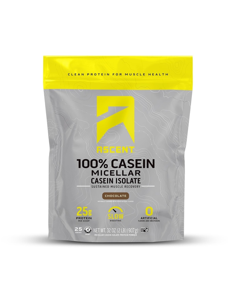 Ascent Casein Protein Powder - 25g Micellar Kazein Powder z ničelnimi umetnimi aromami in sladili, Gluten-free, Brez dodanega sladkorja, 4,9g BCAA, 2.2g Leucin - Čokolada, 2 funta