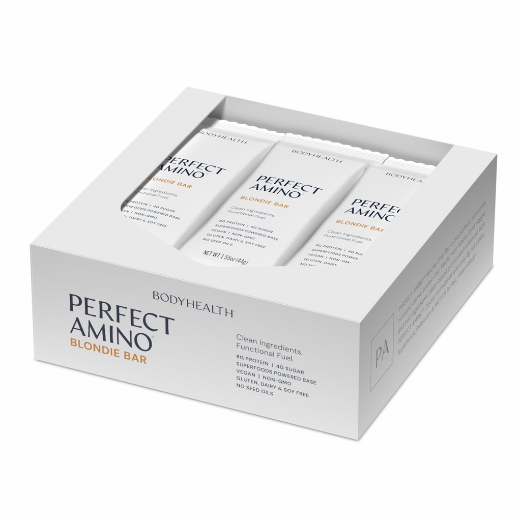 BodyHealth PerfectAmino Bar Energy Prigrizek z 10 g beljakovin, na rastlinski osnovi MCT, Super živilska mešanica, Kosher, (Blondie, 12 Pack)