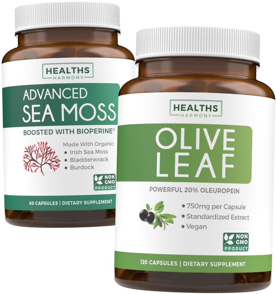 Sea Moss & Olive Leaf Extract (1-mesečna zaloga) Olive Moss Mešanica - Organic Irish Sea Moss - Raw Vegan dodatek (60 kap) & Olive Leaf Extract Super Jakost: 20% Oleuropein - Vegetarian (120 kap)