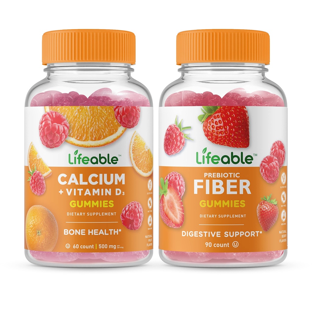 Življenjski kalcij z vitaminom D + prebiotično Fiber 5g, Gummies Bundle - odličen okus, vitamin dopolnilo, Gluten brezplačno, GSO brezplačno, žvečljivo
