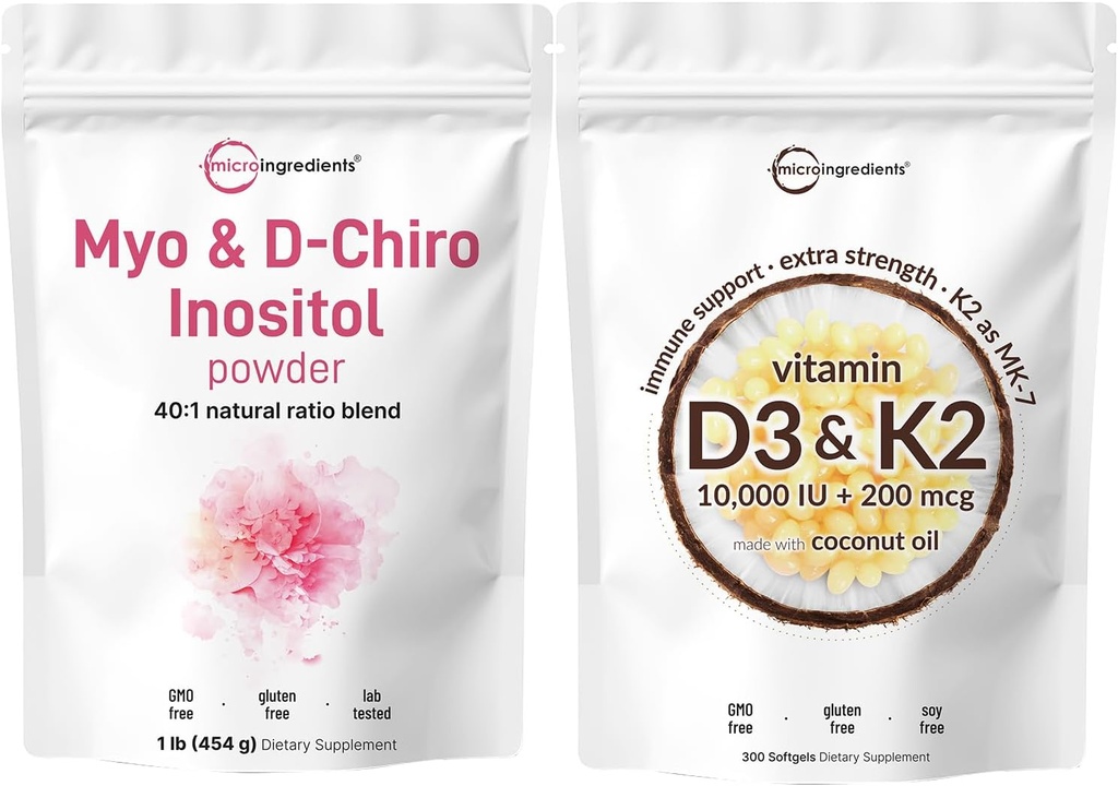 Mikro sestavine Vitamin D3 10.000iu + K2 200mcg Kokosovo olje Softgels & Myo & D-Chiro Inositol Powder Bundle 2 Pack 