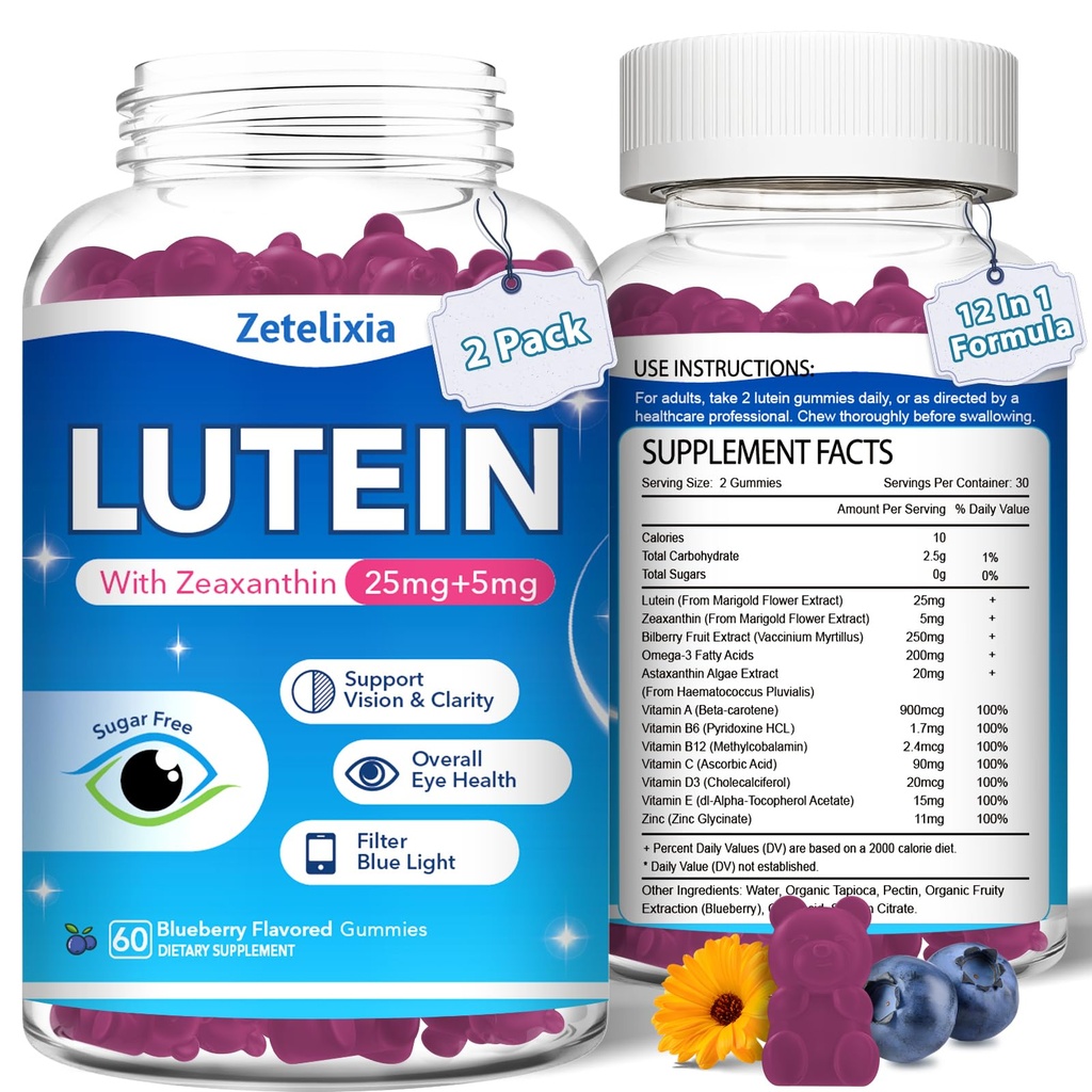 2 Pack Lutein Gummies, 12 v 1 Lutein in Zeaksantin dopolnila Eye Vitamini Gumies za odrasle, Eye Health dodatek z več vitamini za spodbujanje oči in vida - 120 Gummies