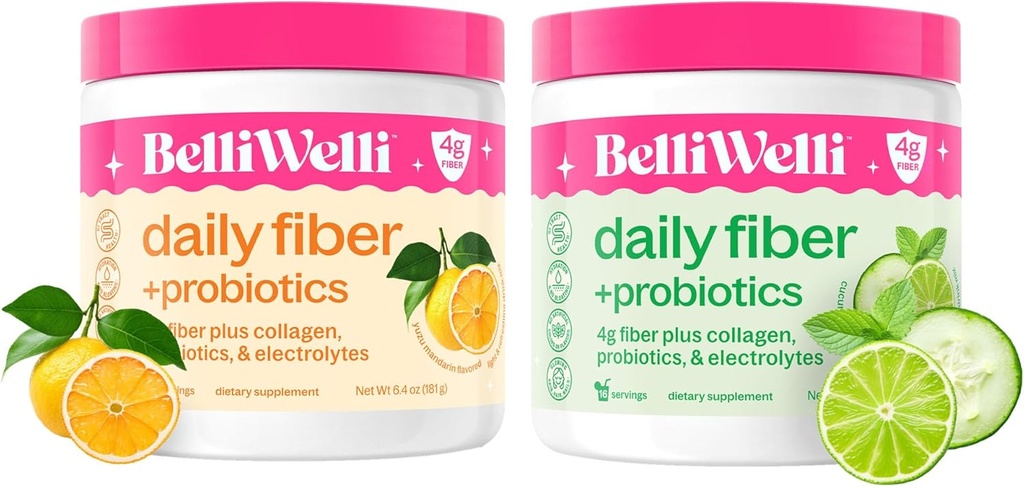 Dnevna fiber dodatek paket z dodanim kolagen, probiotiki in elektroliti - Cucumber limete Mint & Orange Yuzu Mandarine arome - Podpira prebavno zdravje, debloating in hidracija - 32 Servisi skupaj