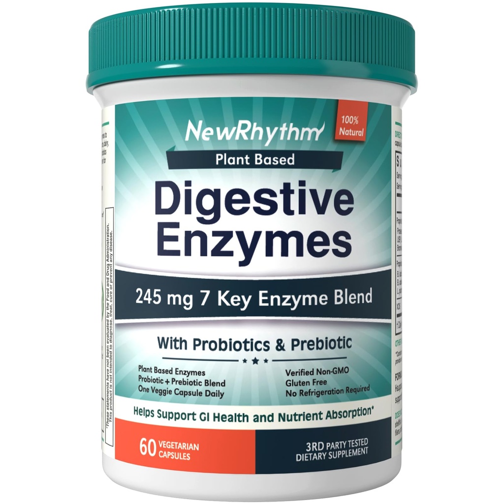 NewRhythm Digestive Enzymes 245 mg, s probiotiki in prebiotiki na osnovi rastlin, 7 ključni encimi, prebava, absorpcija hranil, proteaza amilaza in lipaza, 60 veganskih kapsul