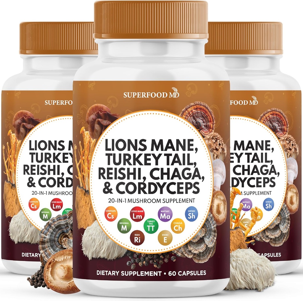 Levi Mane Gobe Dodatek s Turčijo Tail Reishi Cordyceps Chaga z Marshmallow Koren - 180 grof