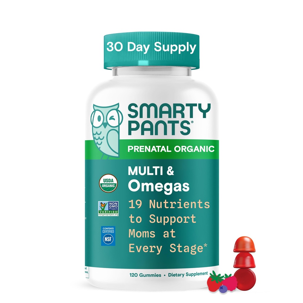 SmartyPants Organic Prenatal Vitamini za ženske, Multivitaminski Gumiji: Biotin, Metilfolat, Omega 3 (ALA), Vitamin D3, C, Vitamin B12, B6, A, K2 & Cink, Choline, Vegetarian, 120 Število (30 dnevna dobava)