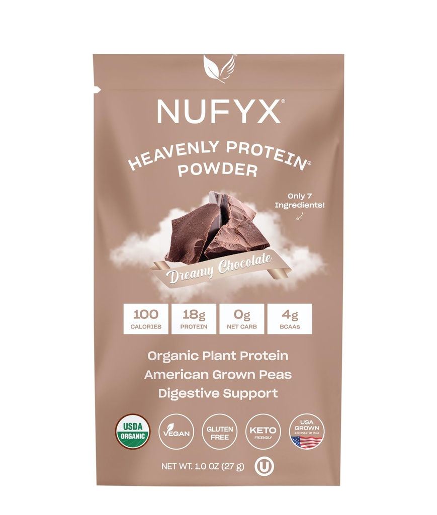 NUFYX® • Nebeški protein® prašek • Najboljši 100% organski rastni grah na svetu • Vegan • Gluten brez • Nizka vsebnost ogljikovih hidratov (sladka čokolada, paket)
