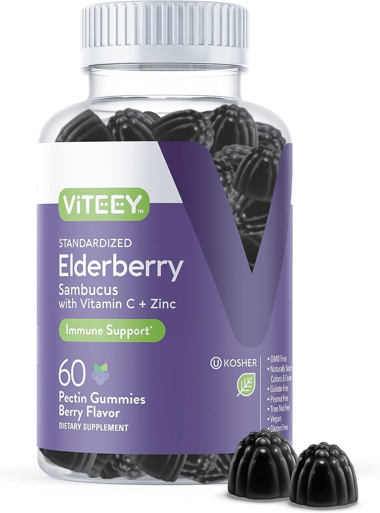 Viteey Sambucus Elderberry Gummies za odrasle – Bezgove jagode Vitamin C in cinkove imunitete Gumies - Vegan, Gluten-free – 60 Count