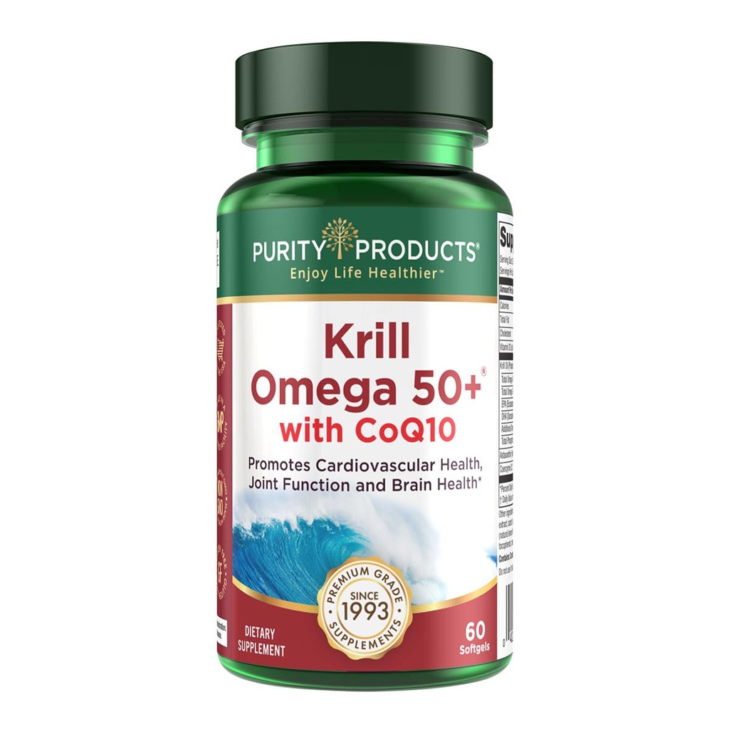 Krill Omega 50 Plus w/ CoQ10 iz izdelkov čistosti - 1300mg Mešanica olja in ribjega olja - 100mg CoQ10 - 500mg Naravni astaksantin - Podpora za skupno, zdravje možganov in več - 60 Mini Softgels