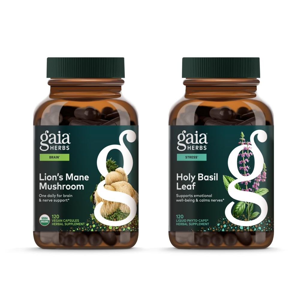 Gaia Herbs Leva grivasta goba - pomoč ohranjati nevrološko zdravje - 120 Veganska tekočina Phyto-Capsules & Sveti list Basil - pomaga ohraniti pozitivno miselnost in ravnotežje v času stresa - 120 Vegan Li