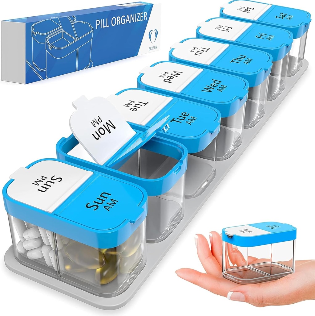 Ekstra velike tedenske tablete Organizator - XL Daily Pill Box - 7 Day Am Pm Pill Primer Jumbo tablete Container za dodatke velike tablete imetnik dvakrat na dan preveliko (modra/bela)