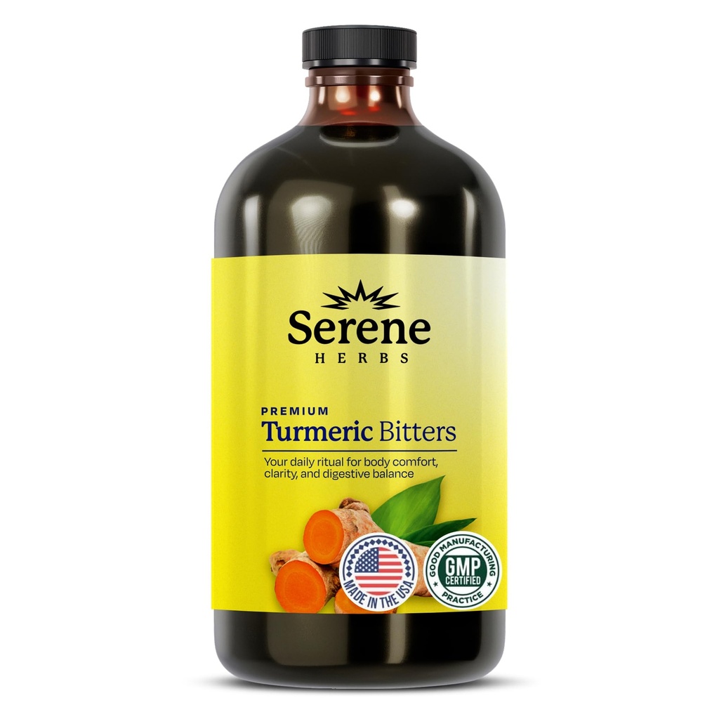 Serene Herbs Liquid Kurkum s črnim poprom - Kurkum Shots Curcumin Dodatek 1000mg Dodatna moč Zeliščna pijača, Prebavne Bitters za hropenje, skupno zdravje, energija & jasnost - 16oz