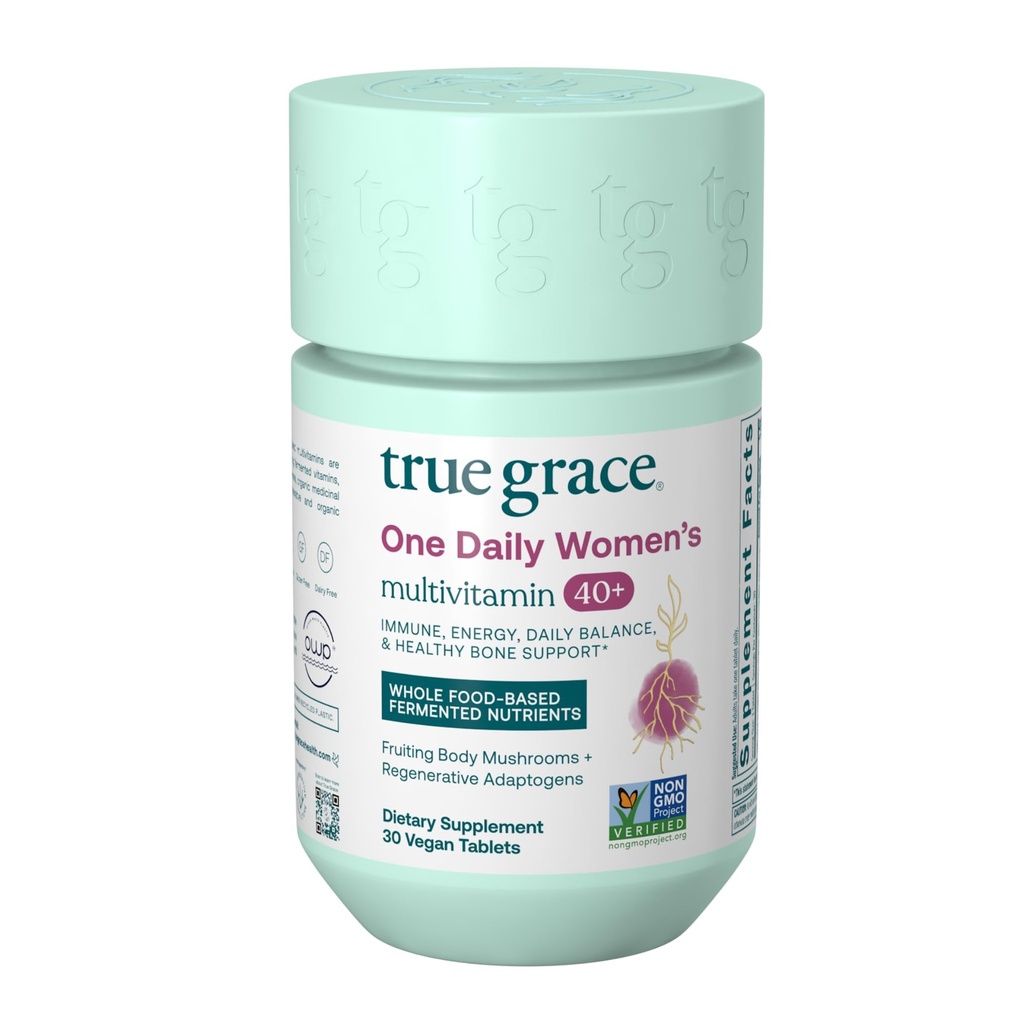 True Grace One Daily Women's Multivitamin 40+ Fermentirani minerali, organski adaptogeni in gobe Energija, Imuni, podpora kosti - Non-GMO - železo, Gluten & Soy Free - 30 Veganske tablete