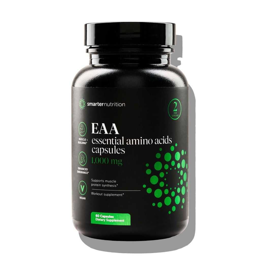 SMARTERNUTRITION Esencialne aminokisline (EAA) Kapsule - 1 gram na odmerek vseh 9 EAA - podpira mišično maso in vadbo - Non-GMO, Vegan, Gluten Free - 60 Count[30-dnevno oskrbo]