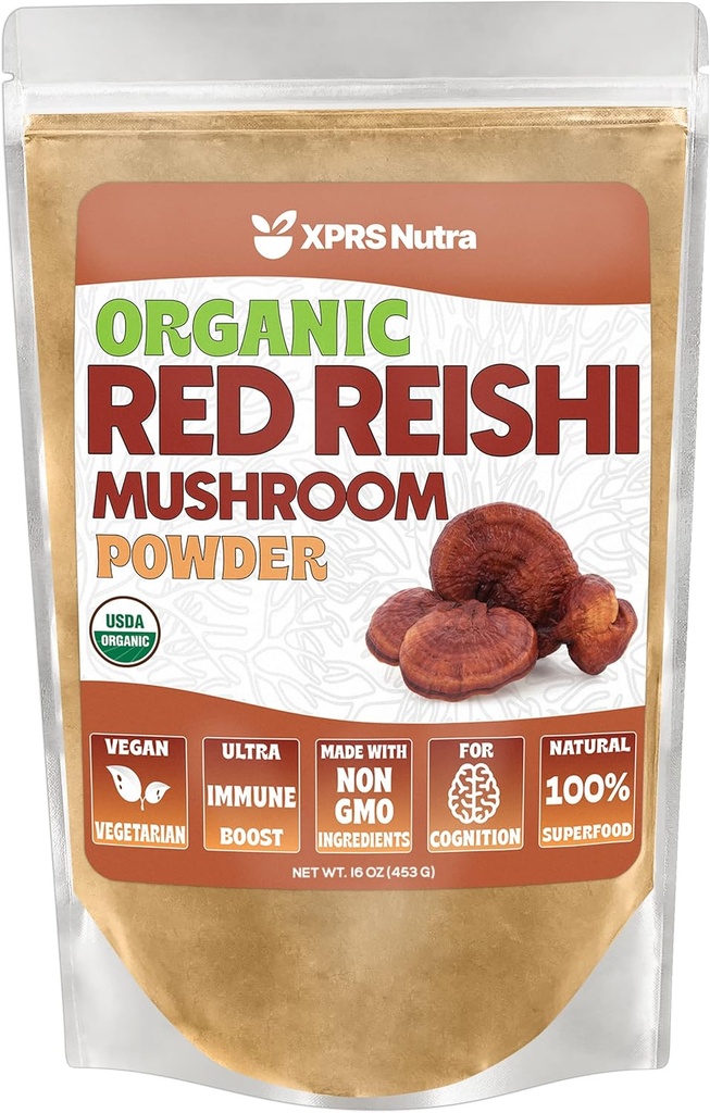 XPRS Nutra organsko rdeča Reishi goba v prahu - Premium Reishi prašek za kognicijo - Veganske Reishi gobe za dolgoživost in energijo (16 Ounce)