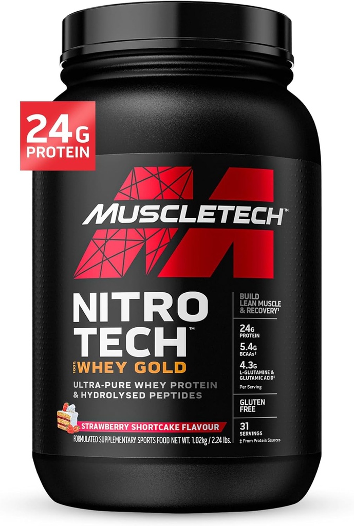 Whey Protein Powder , MuscleTech Nitro-Tech Whey Gold Protein Powder , Whey Protein Isolate Smoothie Mix , Beljakovine Powder za ženske in moške , Jagodni Beljakovine Powder, 2 lbs (28 Serv) Pakiranje variira