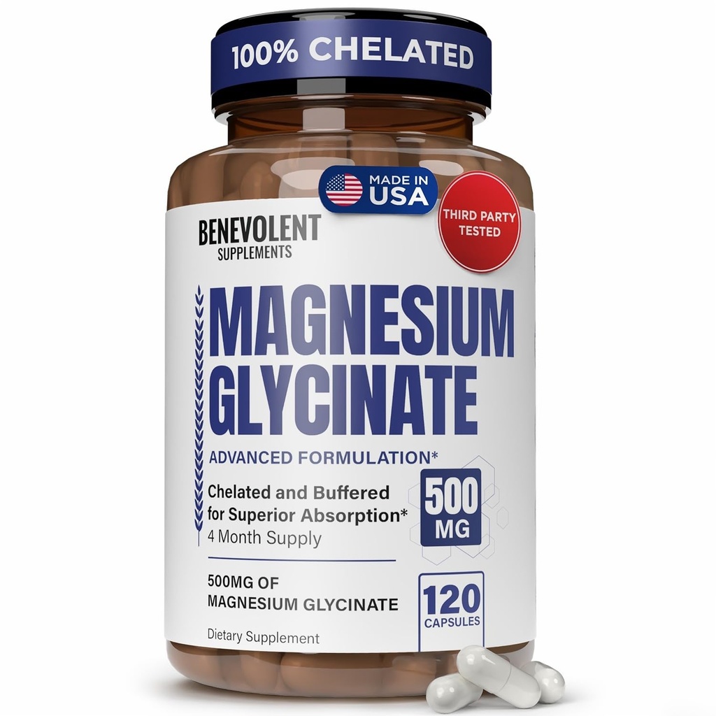 Magnezij Glycinate 500mg - kelirana in puferirana visoka absorpcija Magnezij dopolnilo za podporo Stress Relief, Digestion, kosti, spanje, živci in mišice zdravje - Izdelano v ZDA - 120 Veganske kapsule