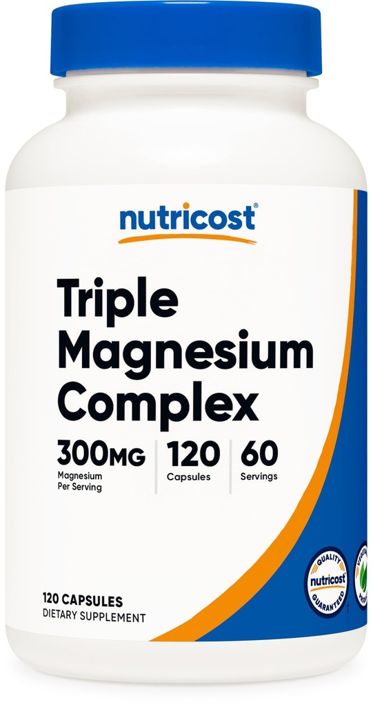 Nutricost Triple Magnezijev kompleks (300mg, 120 kapsul) - iz Di-magnezijevega malata, biglicinata in citrata, 60 Servingov