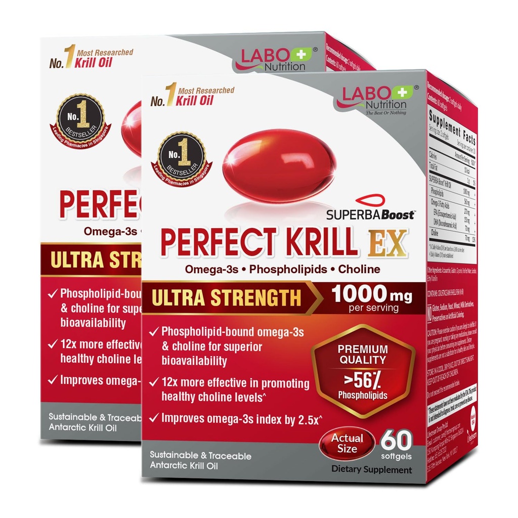LABO Nutrition Perfect Krill EX, 1000mg Antarktika Krill Oil Omega 3 EPA DHA, Najvišji fosfolipidi (več kot 56 %) s holinom, Astaksantin 