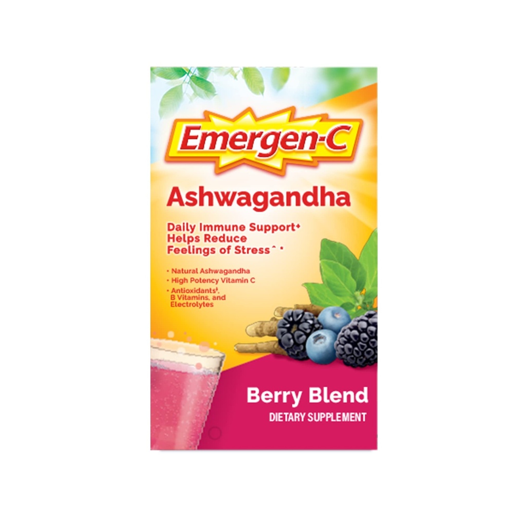 Emergen-C Vitamin C Ashwagandha Drink Mix, prehranska dopolnila za imuno podporo, Berry Mešanica, Nazaj v šolske esencials - 18 Count