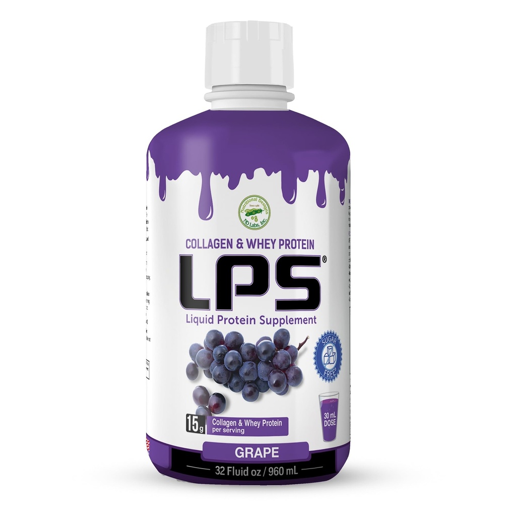 LPS Liquid Collagen & Whey Protein Supplement - brez sladkorja, brez barve, ne-GMO pijača - hidroliziran kolagen & Whey Peptide spodbuja zdravo kožo in lase za moške in ženske, grozdje, 32 fl oz
