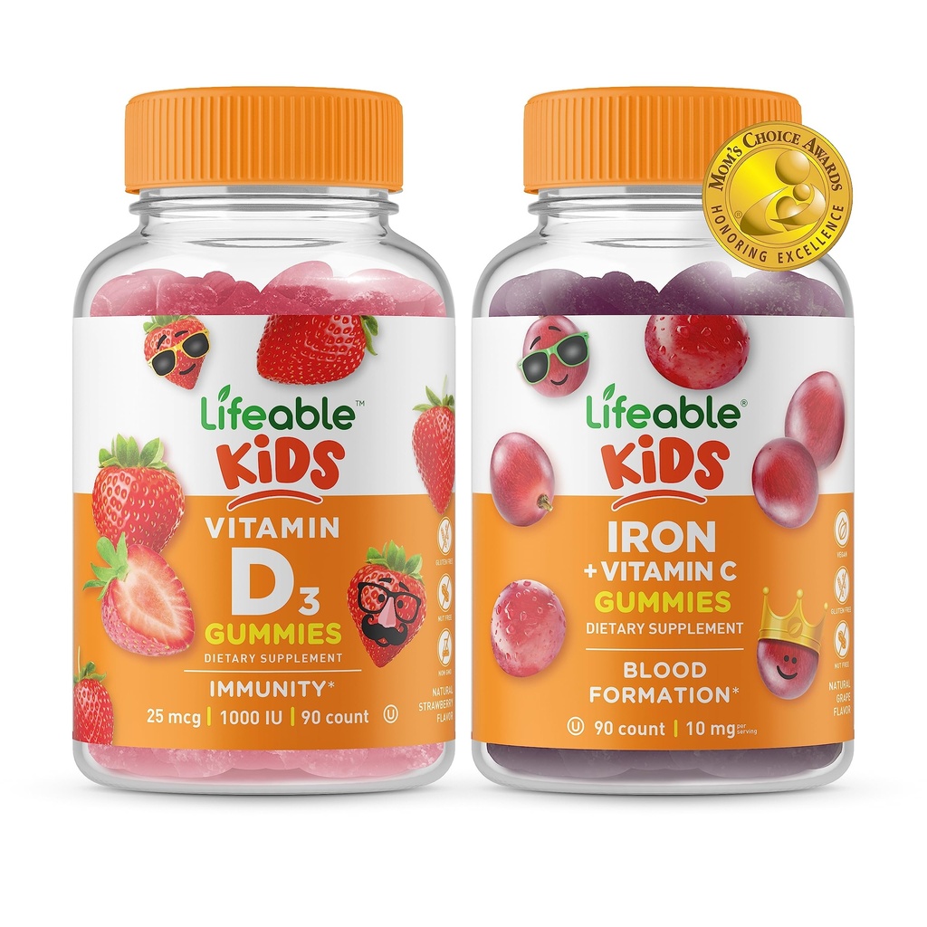 Življenjski vitamin D Otroci + Iron & Vitamin C Otroci, Gummies Bundle - odličen okus, Vitamin dopolnilo, Gluten brezplačno, GSO brezplačno, Žvečljivi gumi