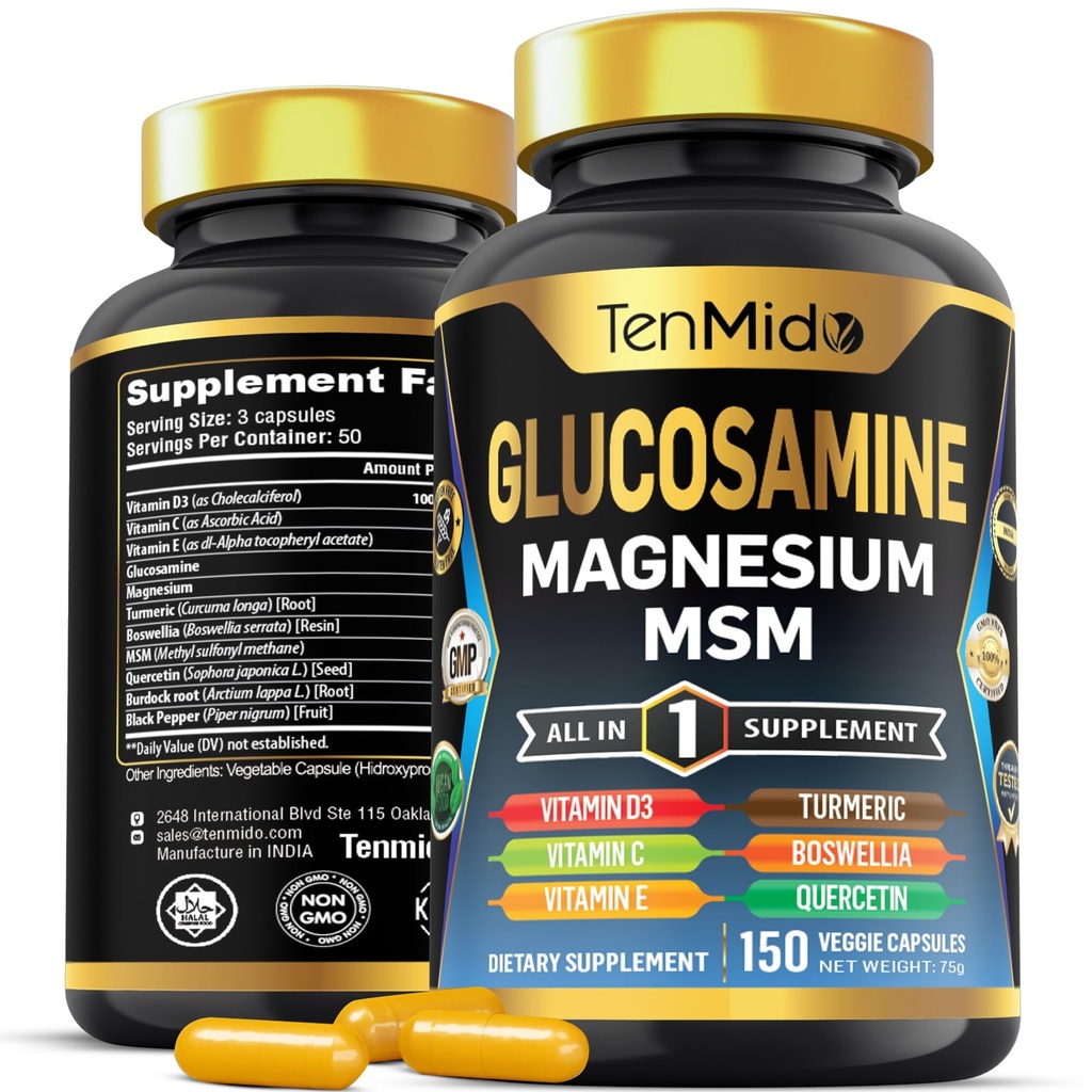Glukozamin MSM dodatek za moške in ženske - 11v1 Formula - Združite z magnezijem, kurkuma, Boswellia, Quercetin, Burdock Root, in več 