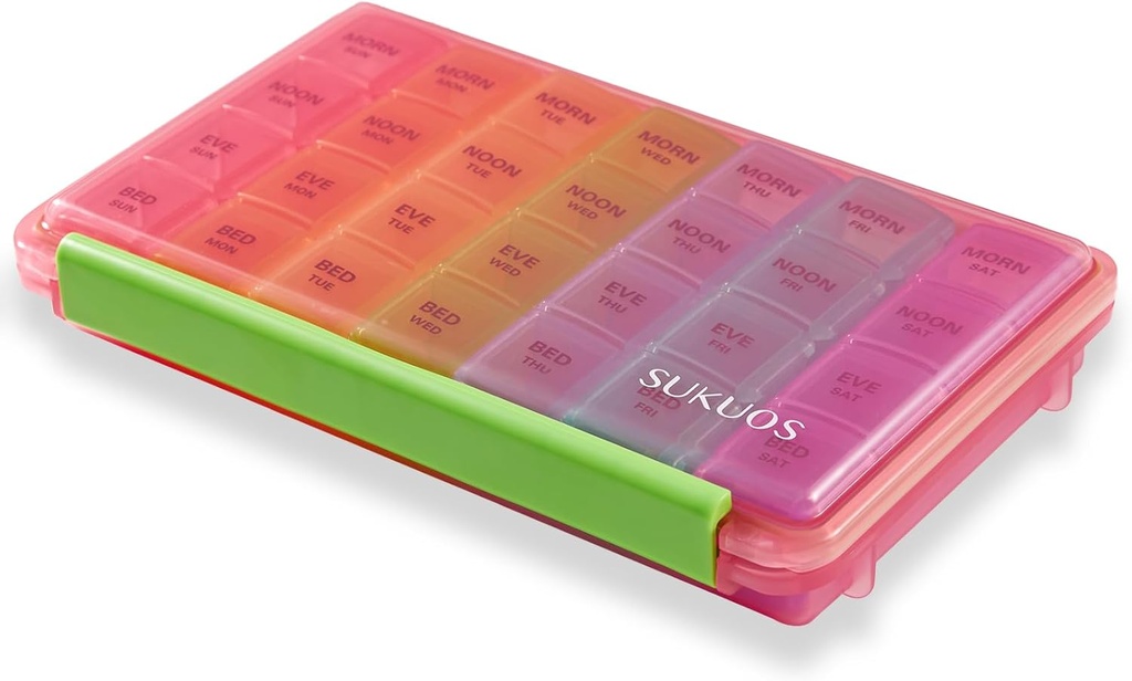 Sukuos tedenske tablete Organizator 7 dan 4 krat na dan, Moistrure-odporne velike dnevne tabletke Medicine Primeri za vitamine/ribje olje/dodatki (Pink)