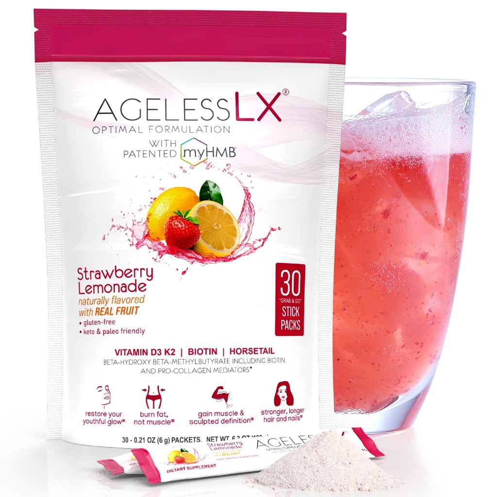 AgelessLX Powder Supplement za ženske - s HMB Collagen Exchangeer Plus Vitamin D3 s K2, Horsetail in Biotin za poševne mišice in močnejše lase in nohte - 30 Powder Packets Jagodna limonada