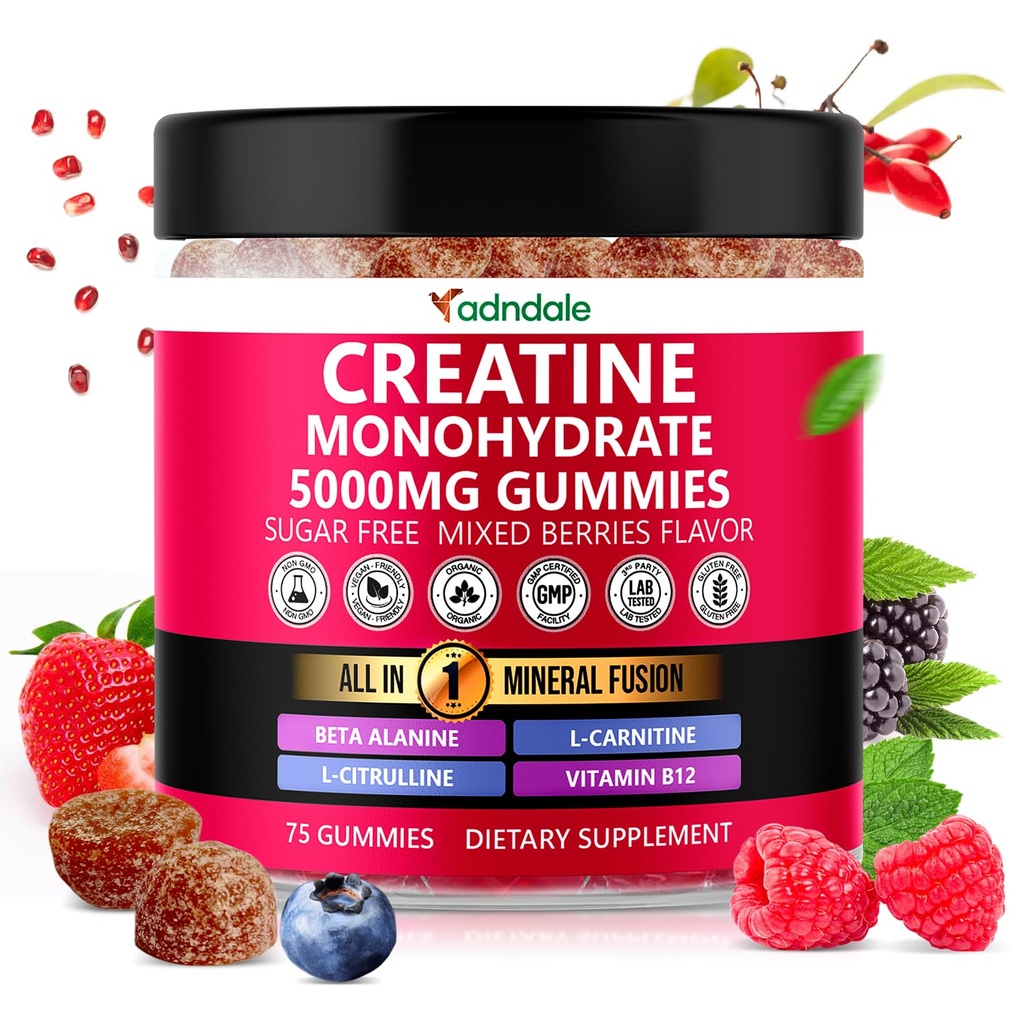Adndale Kreatin Monohidrat Gumiji za moške in ženske, 5000mg na serviranje Kreatin dodatek z beta-alanin, L-citrulin & B12 - 75 Vegan Gummies. Brez sladkorja