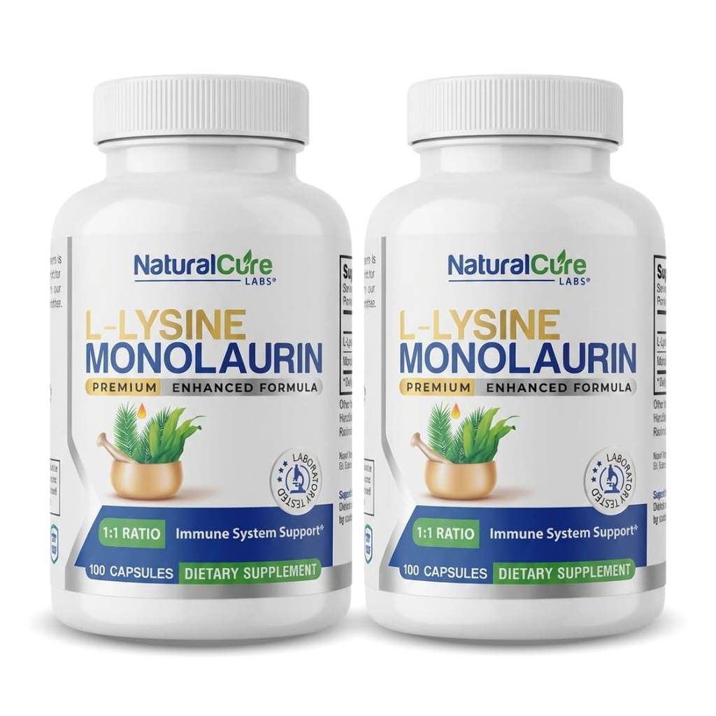 Naravne ozdravitve L-Lysine + Monolaurin 600 mg 1: 1 razmerje, 2 pakiranji, 200 kapsul