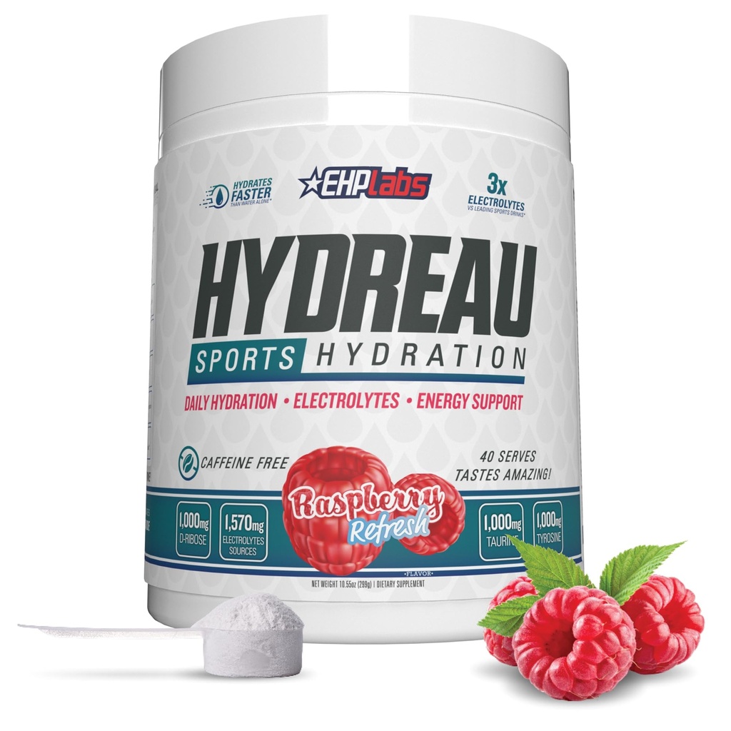 EHP Labs Hydreau Elektroliti Powder No Sladkor - Hidracija Prašek za vzdržljivost in energijo - Elektrolitni prašek za moške in ženske - Brez sladkorja Elektroliti - Raspberry Osveži (40 Serves)