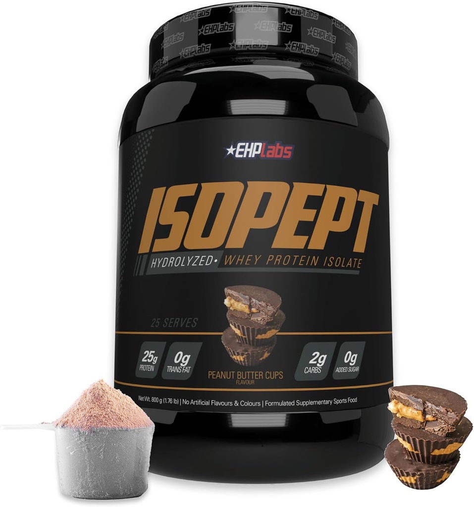 IzoPept hidrolizirani sirotkini proteini v prahu z EHPABS - 100% izolat in hidrolizat sirotkinih beljakovin, 27 g beljakovin, ne-GMO, brez glutena, hitro absorbcijo, enostavno prebavljanje, 27 serv (kozarčki Peanut Butter)