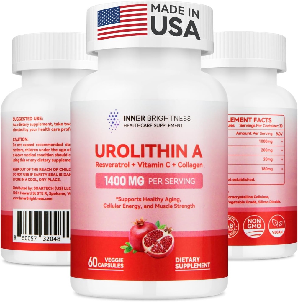 Urolitin A dodatek 1400 MG - ne-GMO, brez glutena, proti staranju, celična obnova, mišična moč, vzdržljivost in dolgoživost, liposomski urolitin A, 60