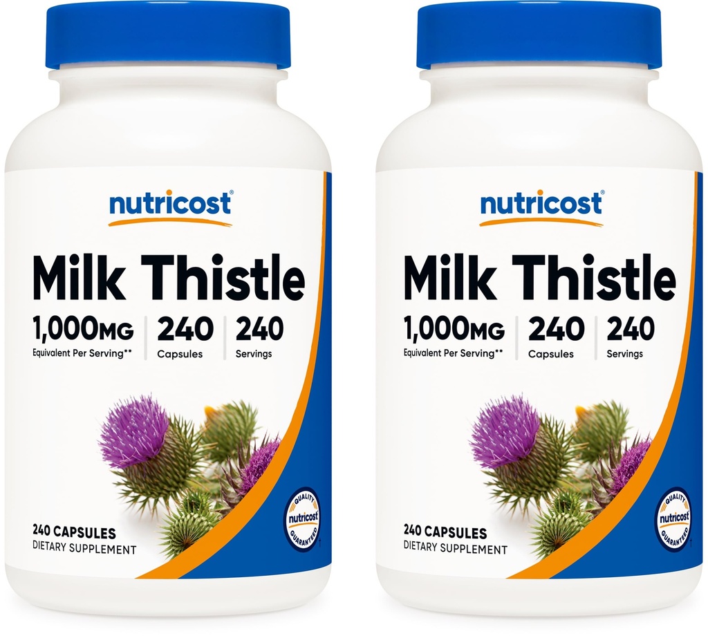 Nutricost Milk Thistle 1.000mg ekvivalentno, 240 kapsul (2 pakiranji) - 250 mg po 4:1 ekstrakt - vegansko, brez GMO in gluten