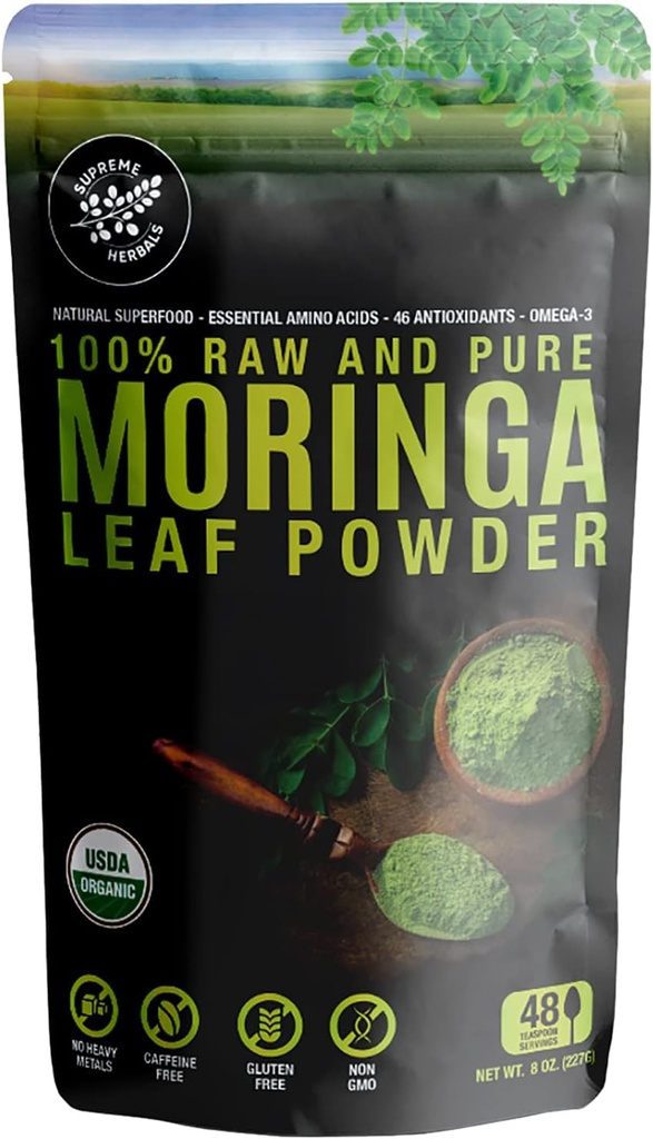 100% Raw and Pure Moringa Leaf Powder. Organic Certified Moringa Leaf. Naravna superhrana z esencialnimi aminokislinami, antioksidanti in Omega 3, 8 oz Reseable Bag.