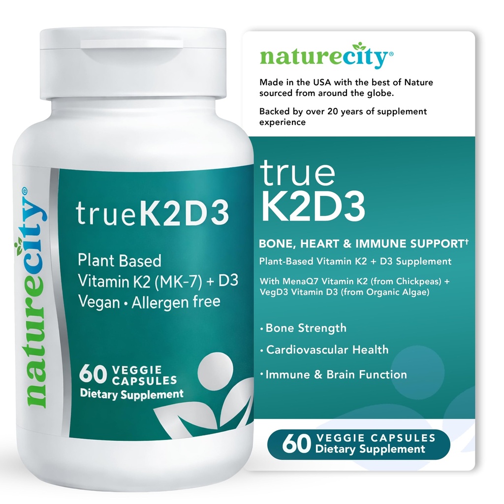 NatureCity TrueK2D3 Rastlinski vitamin K2 MK7 (90 μg) in D3 iz Algae( 2.500 i.e.) 2 v 1 Vitamin D3 K2 Dodatek za zdravje kosti, srca in imunskega sistema – 60 Veggie kapsul