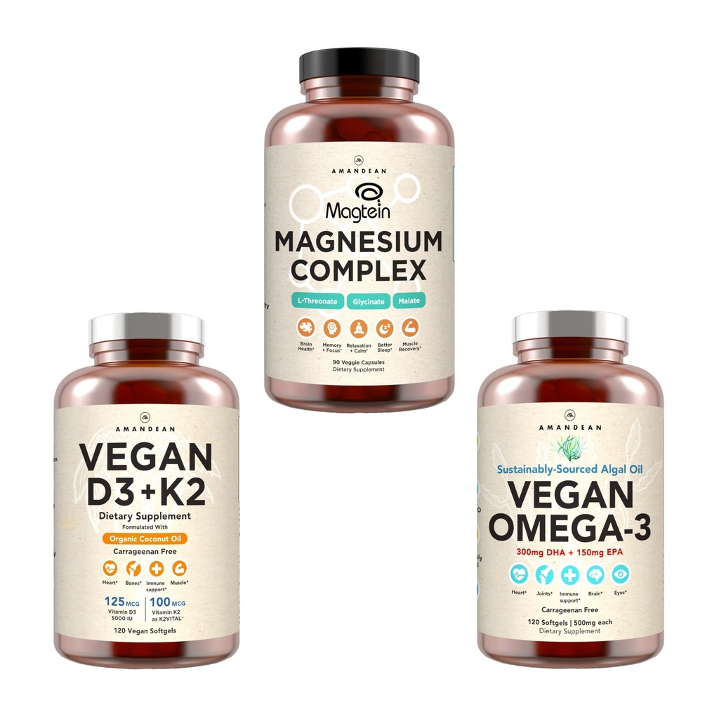 AMANDEAN Premium Magnezium Complex, Vegan Omega 3, Vegan D3+K2 Bundle. Na rastlinah osnovana imunska podpora. Algae DHA & EPA. Kakovostno spanje, Fokus & Mood. Podpora zdravo srce, možgani, sklepi in oči