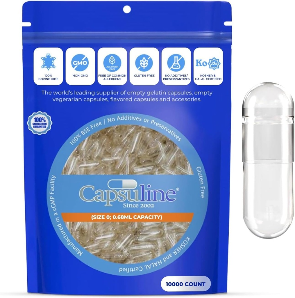 Capsuline velikost 0 Prazne kapsule želatine, jasno - 10000 Število 