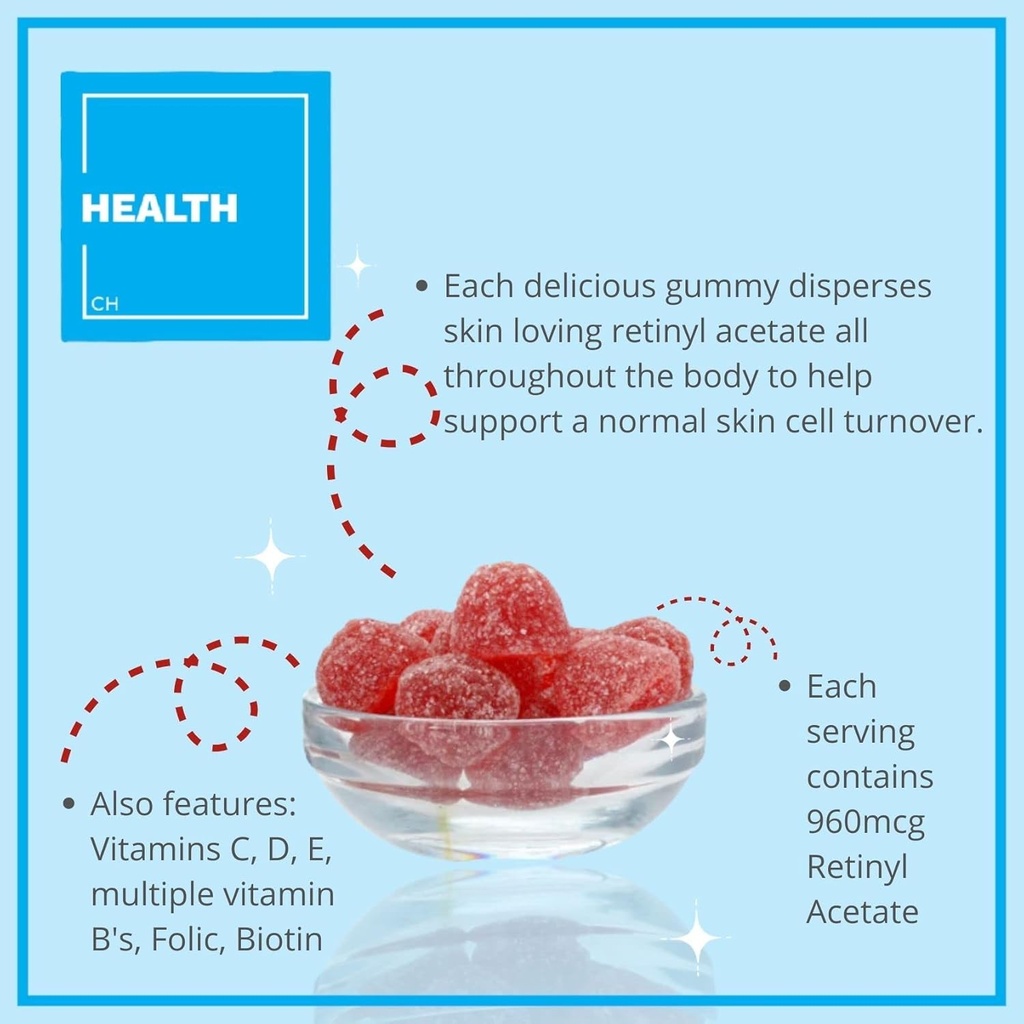 Consult Health Regenerol - Multivitaminski Retinol Gummy - Anti-Aging Vitamin A dodatek - Glowing, Youthful & Clear Skin Strong Hair & Nails - Vitamin B6, B12, C,D3, Folna kislina, cink - 60 Gumies